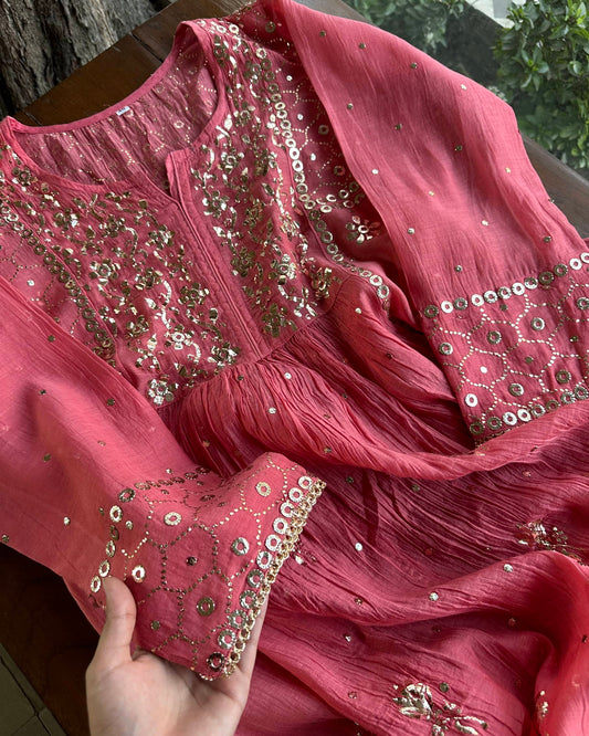 Hot Pink Mukaish Mul Chanderi Silk Dress