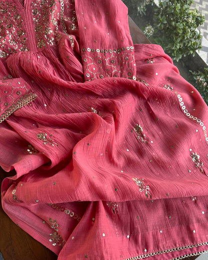 Hot Pink Mukaish Mul Chanderi Silk Dress