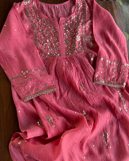 Hot Pink Mukaish Mul Chanderi Silk Dress