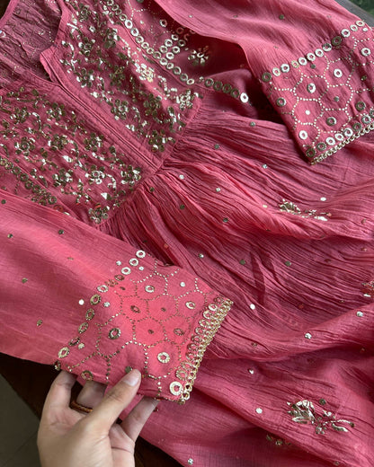 Hot Pink Mukaish Mul Chanderi Silk Dress