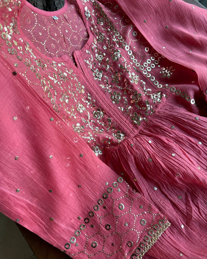 Hot Pink Mukaish Mul Chanderi Silk Dress
