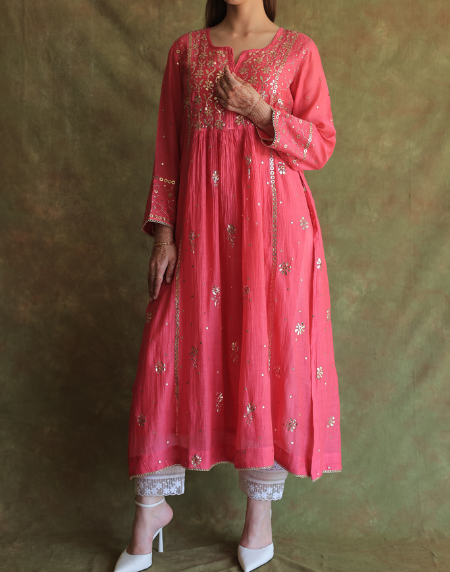 Hot Pink Mukaish Mul Chanderi Silk Ready To Wear Dress