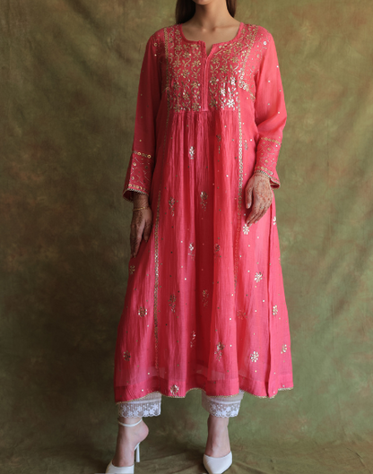 Hot Pink Mukaish Mul Chanderi Silk Ready To Wear Dress