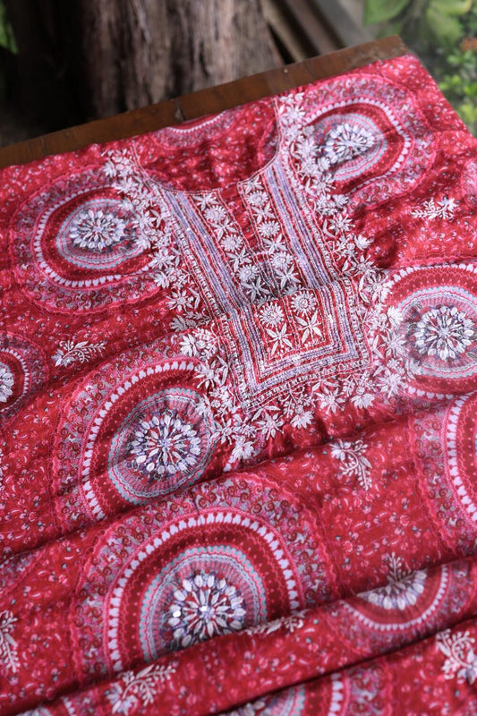 Hot Pink Muslin Chikankari Unstitched Kurta Fabric