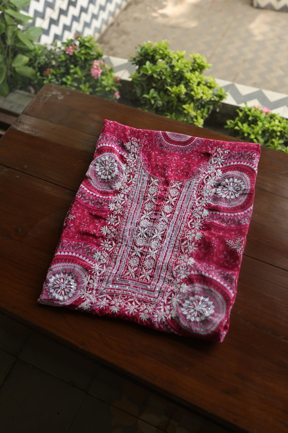 Hot Pink Muslin Chikankari Unstitched Kurta Fabric