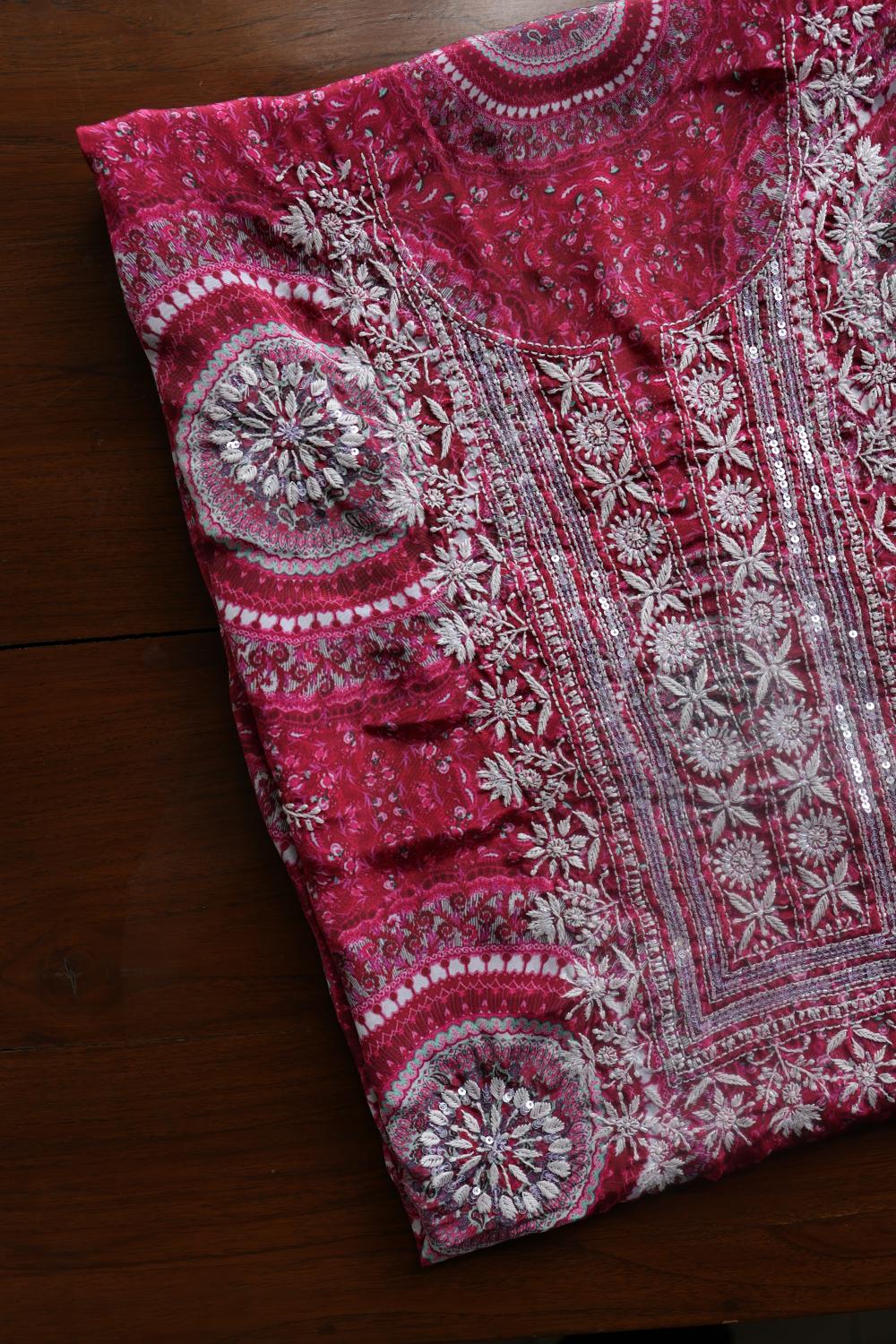 Hot Pink Muslin Chikankari Unstitched Kurta Fabric