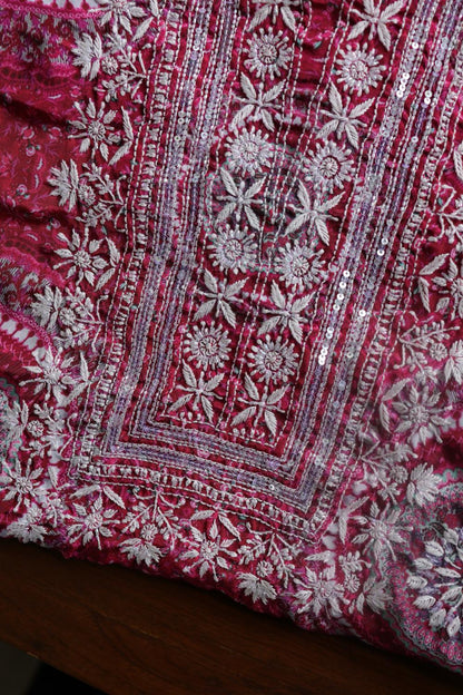 Hot Pink Muslin Chikankari Unstitched Kurta Fabric