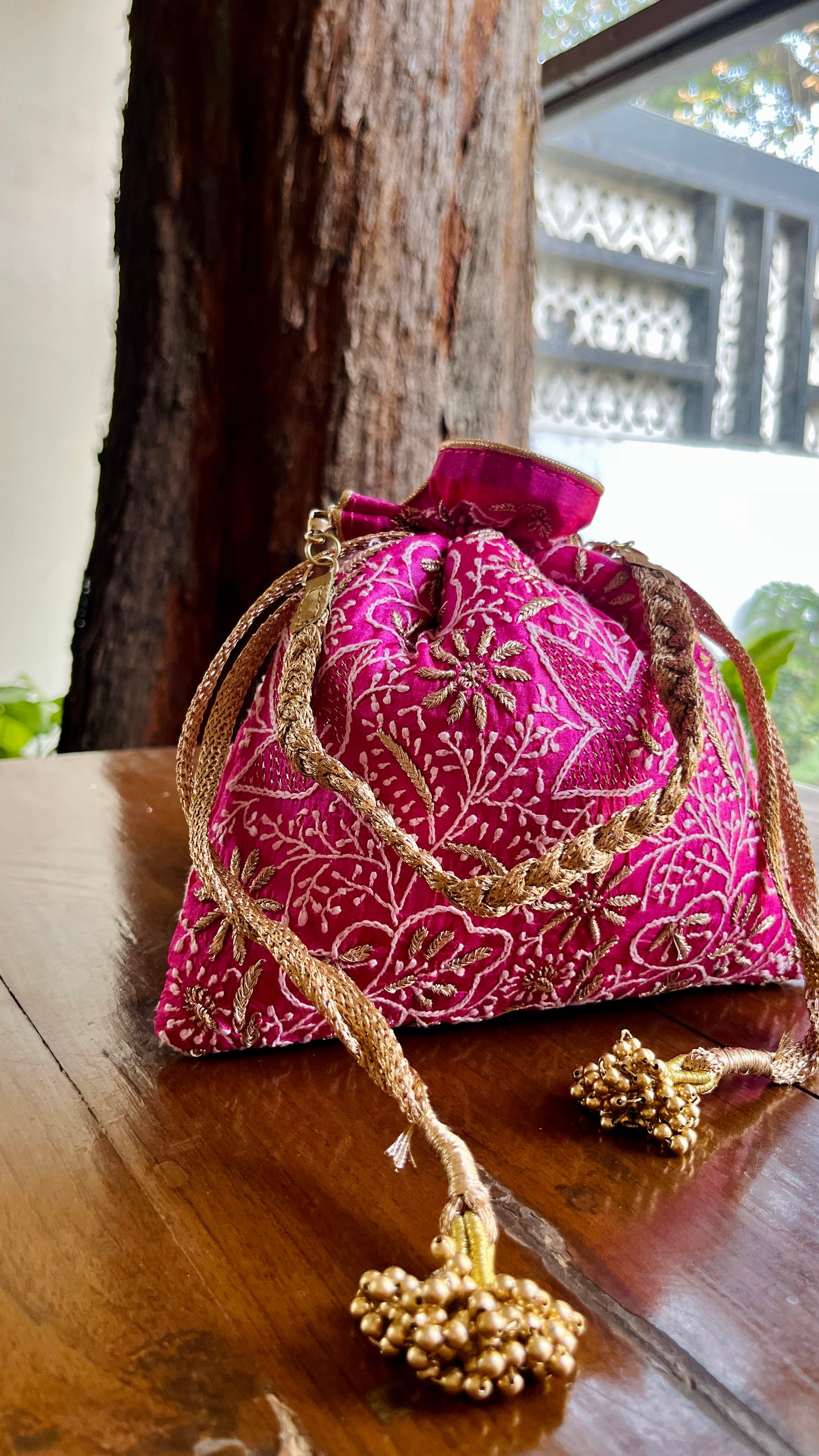 Hot Pink Raw Silk Chikankari Polti Bags