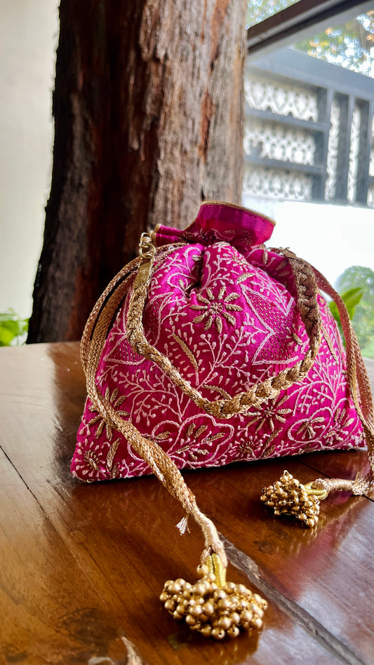 Hot Pink Raw Silk Chikankari Polti Bags
