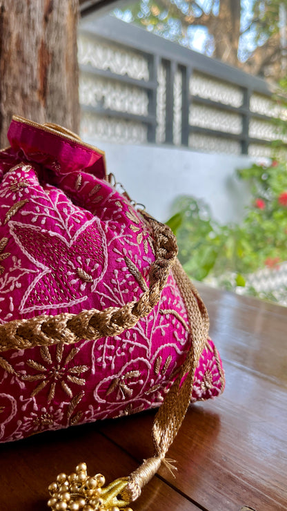 Hot Pink Raw Silk Chikankari Polti Bags