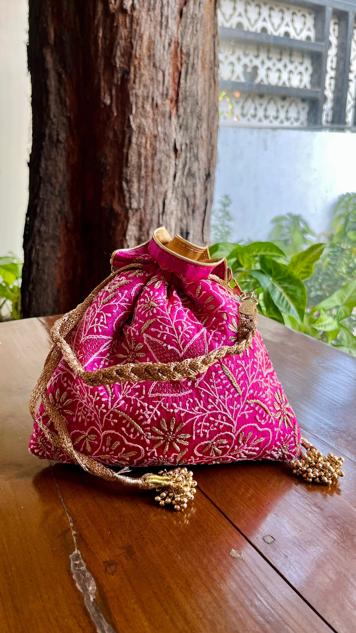 Hot Pink Raw Silk Chikankari Polti Bags