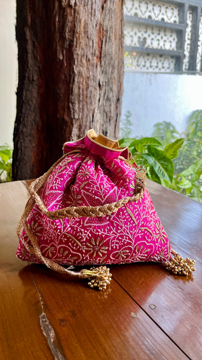 Hot Pink Raw Silk Chikankari Polti Bags