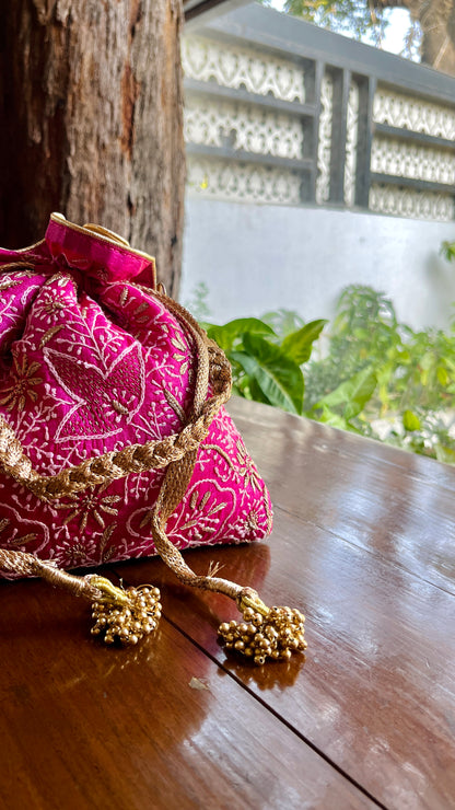 Hot Pink Raw Silk Chikankari Polti Bags