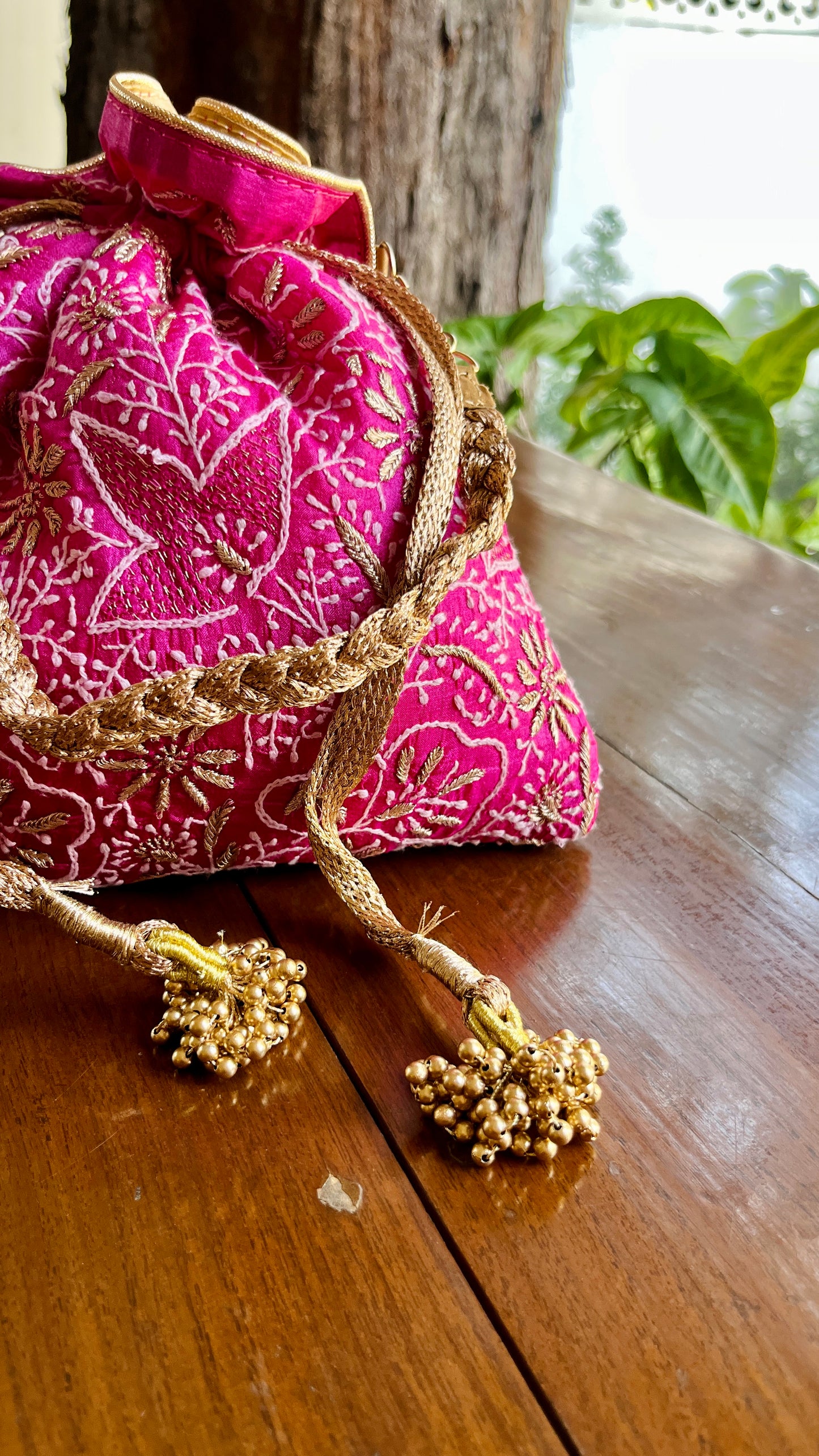 Hot Pink Raw Silk Chikankari Polti Bags