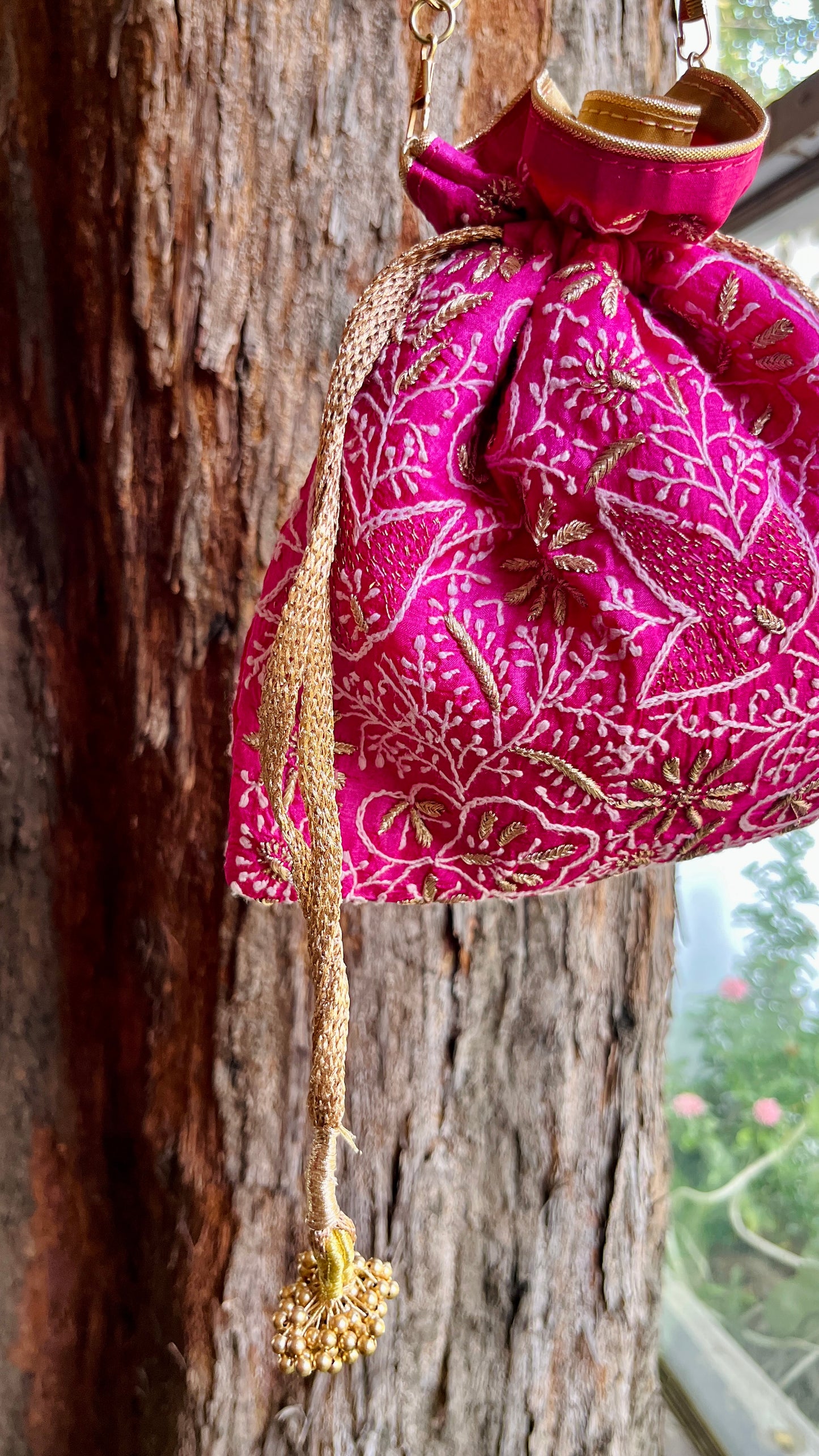Hot Pink Raw Silk Chikankari Polti Bags