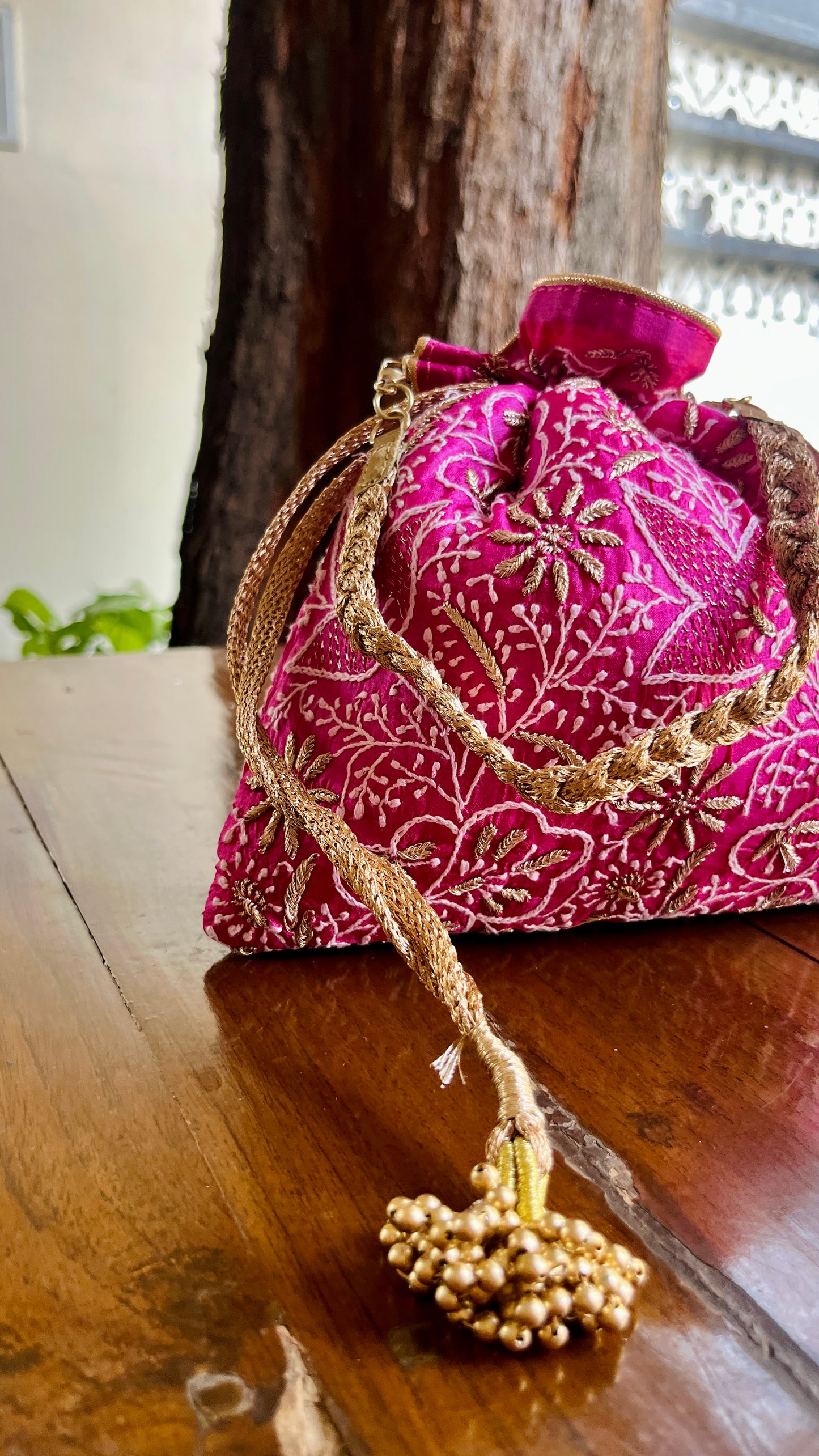 Hot Pink Raw Silk Chikankari Polti Bags