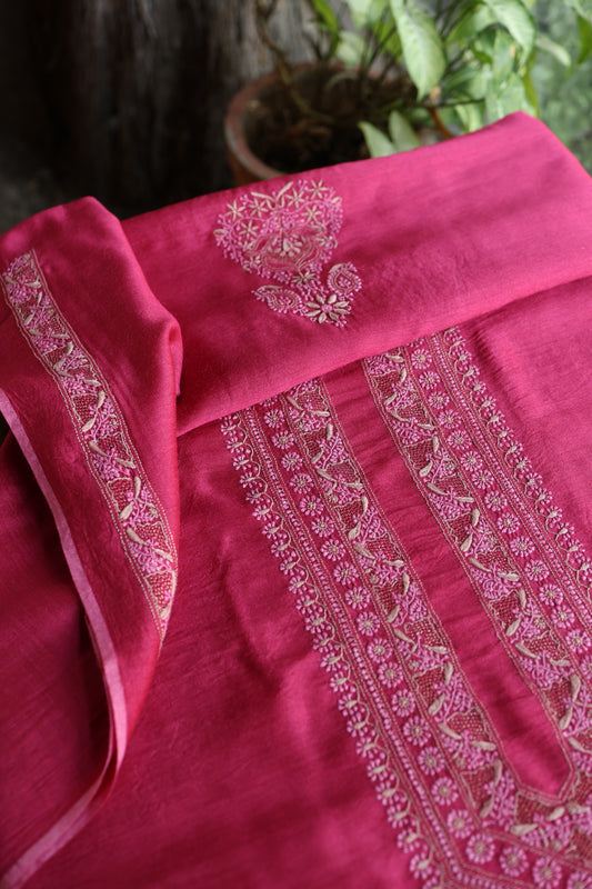 Hot Pink Shade Moonga Silk Chikankari Unisex Kurta Fabrics