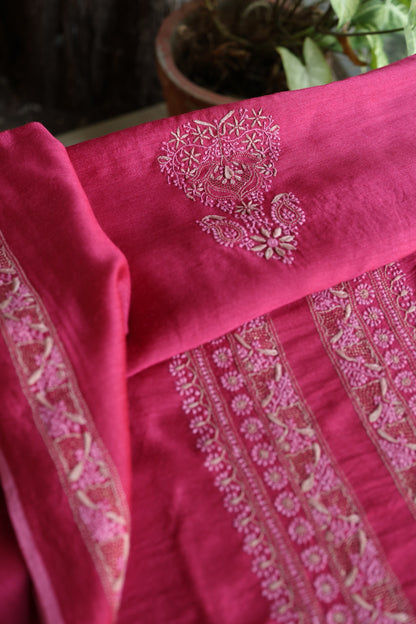 Hot Pink Shade Moonga Silk Chikankari Unisex Kurta Fabrics