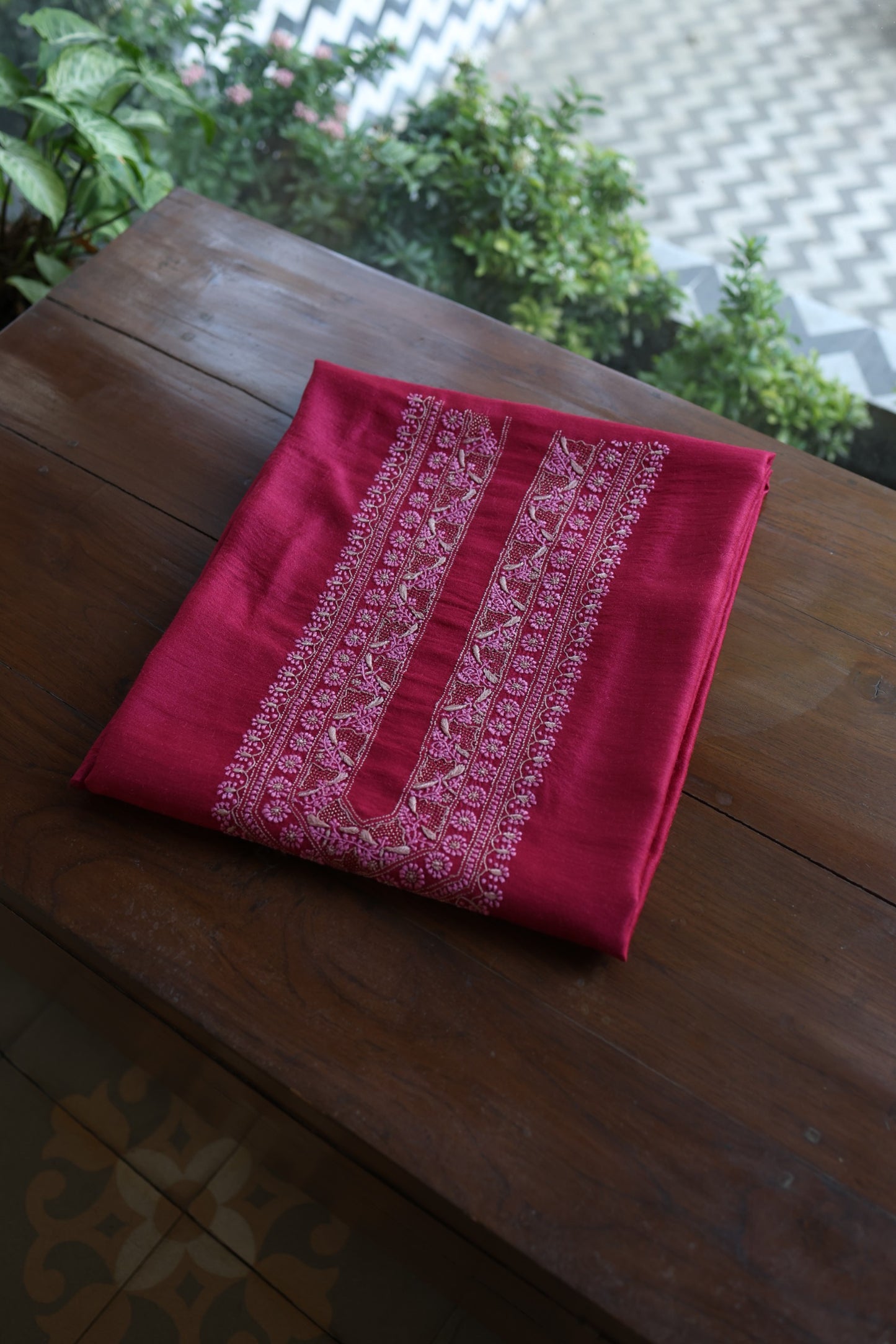 Hot Pink Shade Moonga Silk Chikankari Unisex Kurta Fabrics