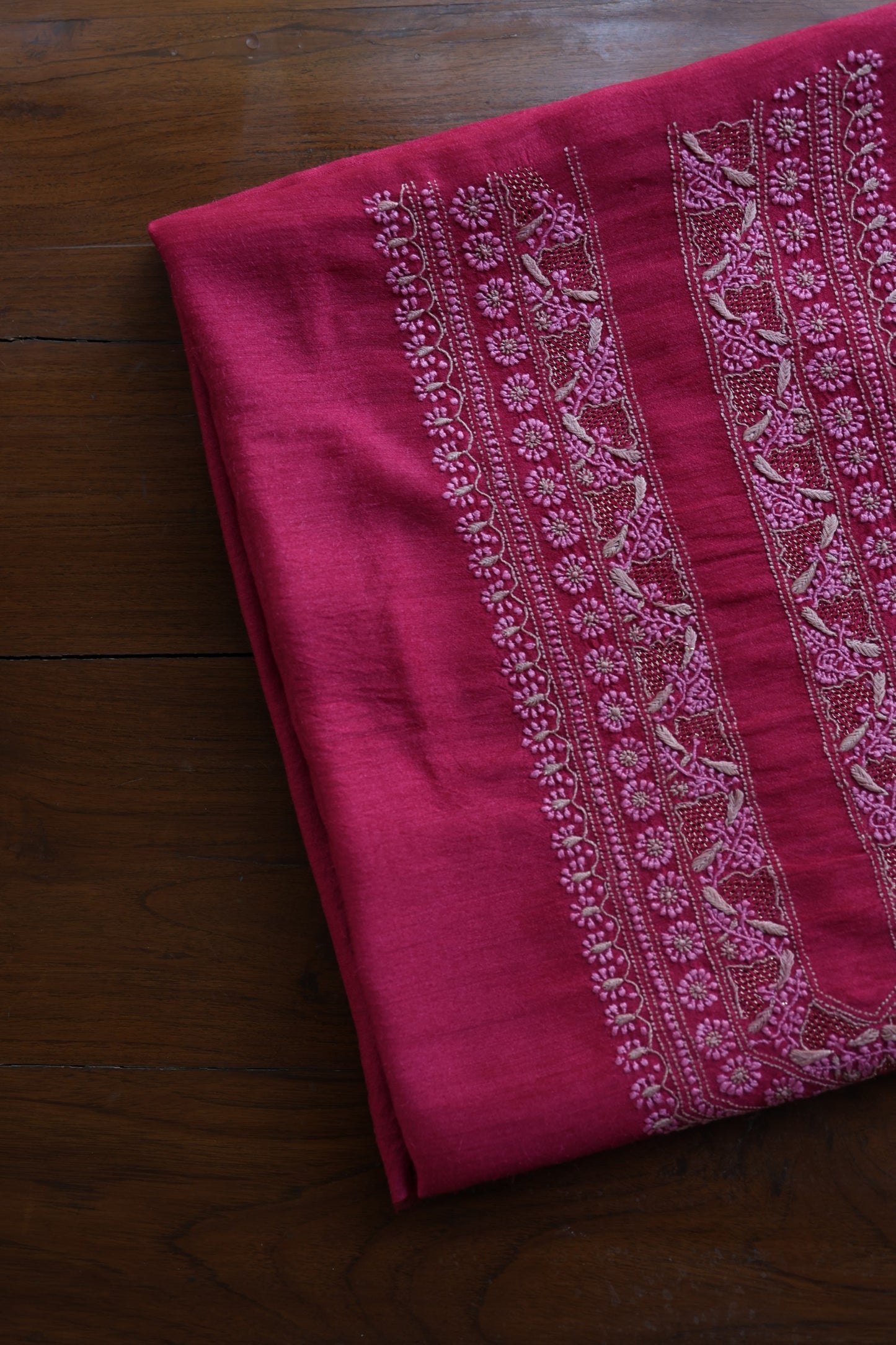 Hot Pink Shade Moonga Silk Chikankari Unisex Kurta Fabrics