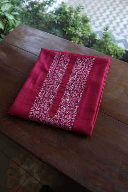 Hot Pink Shade Moonga Silk Chikankari Unisex Kurta Fabrics