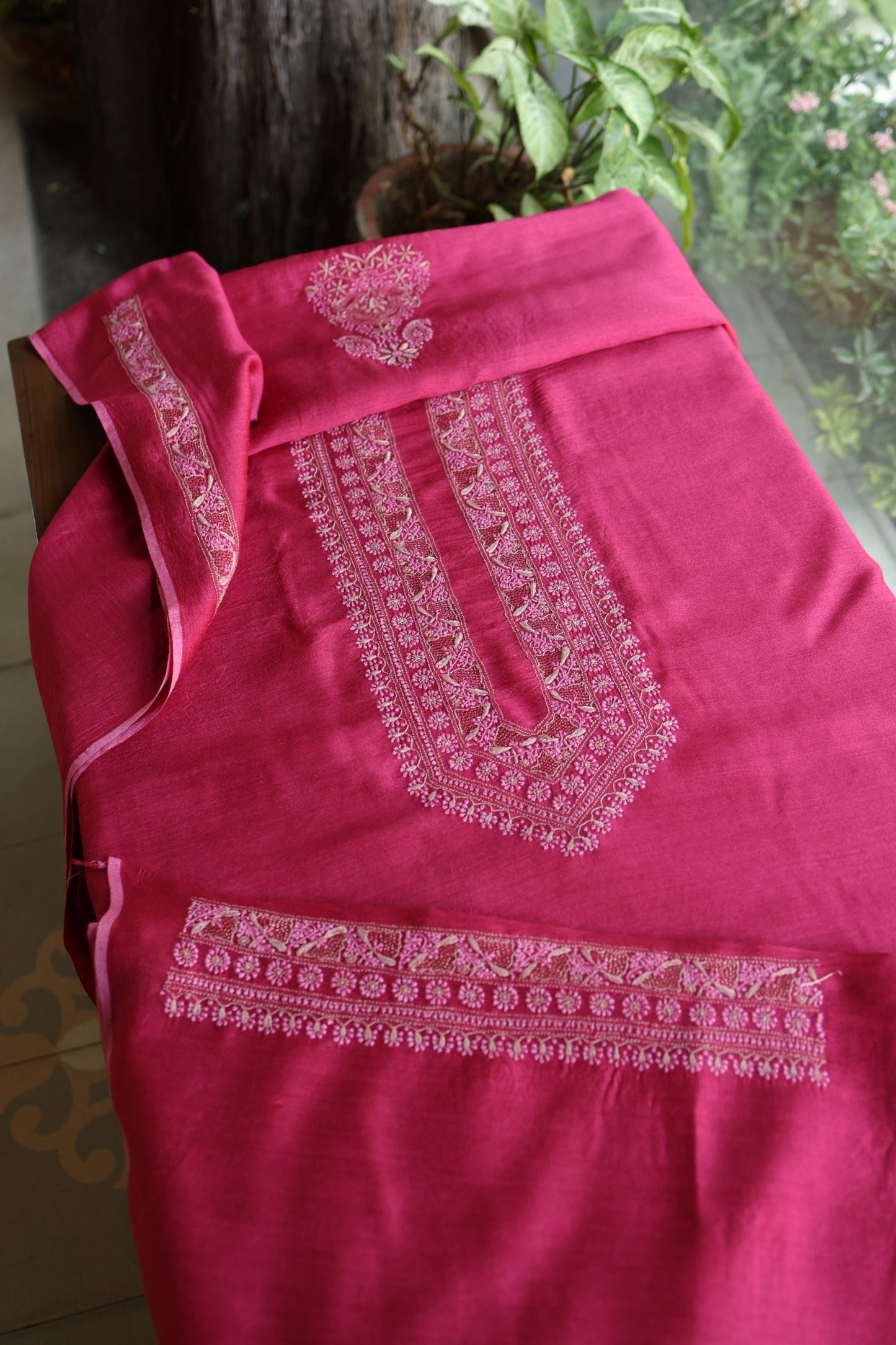 Hot Pink Shade Moonga Silk Chikankari Unisex Kurta Fabrics