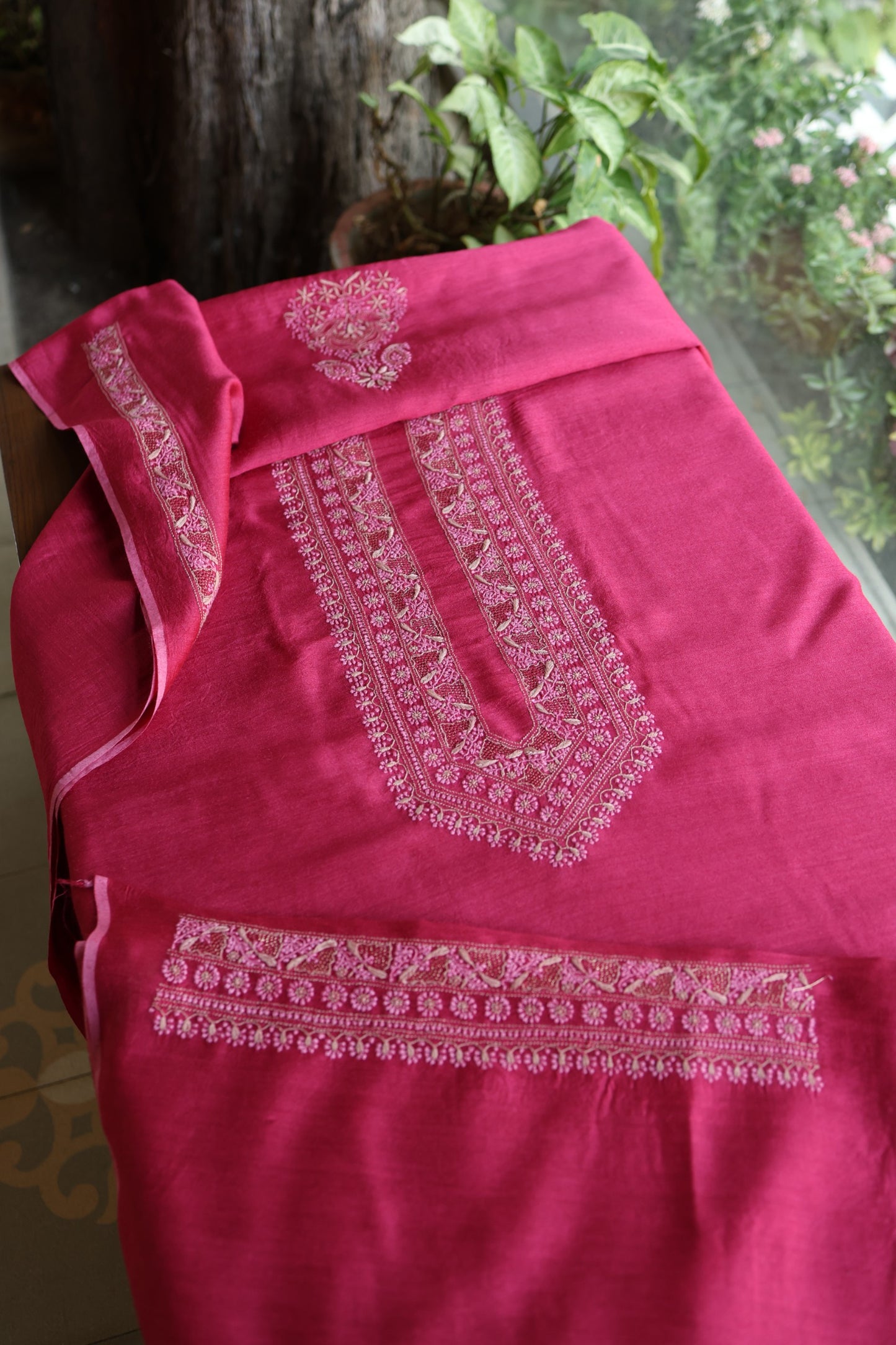 Hot Pink Shade Moonga Silk Chikankari Unisex Kurta Fabrics