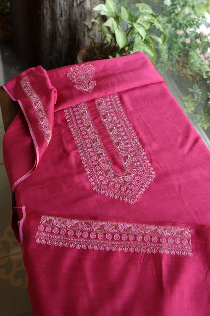 Hot Pink Shade Moonga Silk Chikankari Unisex Kurta Fabrics