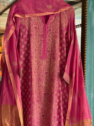 Hot Pink Shade Tissue Silk Chikankari Straight Cut Kurta Dupatta Set