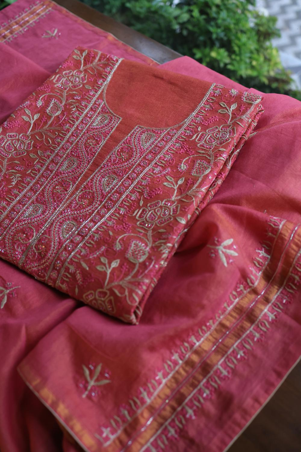 Hot Pink Tissue Silk Unstitched Fabric