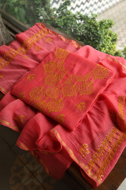 Hot Pink & Mustard Shade Mal Cotton Chikankari Unstitched Kurta Dupatta Fabric With Kamdani