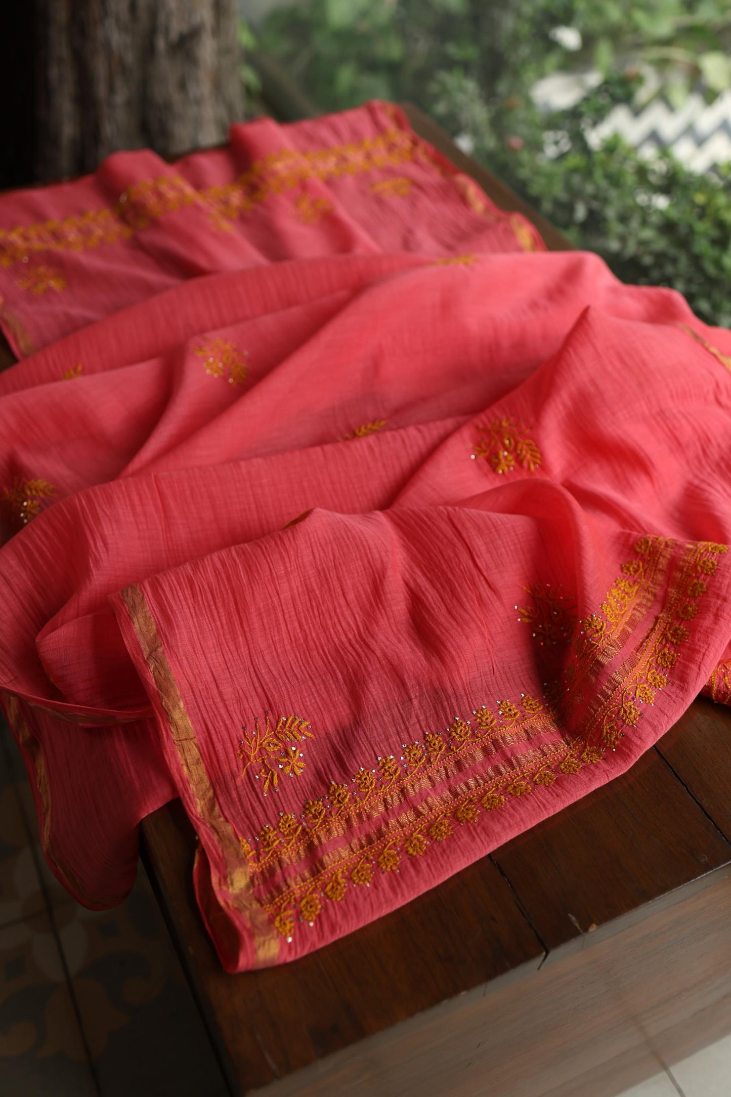 Hot Pink & Mustard Shade Mal Cotton Chikankari Unstitched Kurta Dupatta Fabric With Kamdani