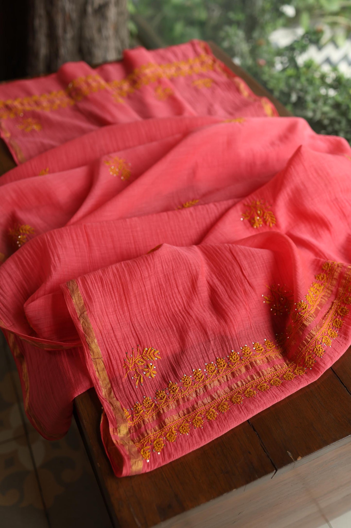 Hot Pink & Mustard Shade Mal Cotton Chikankari Unstitched Kurta Dupatta Fabric With Kamdani