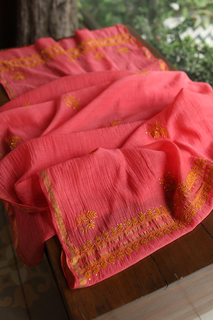 Hot Pink & Mustard Shade Mal Cotton Chikankari Unstitched Kurta Dupatta Fabric With Kamdani