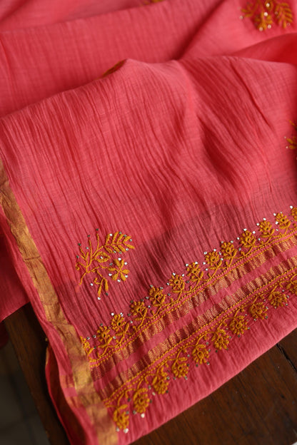 Hot Pink & Mustard Shade Mal Cotton Chikankari Unstitched Kurta Dupatta Fabric With Kamdani