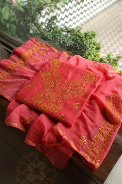 Hot Pink & Mustard Shade Mal Cotton Chikankari Unstitched Kurta Dupatta Fabric With Kamdani