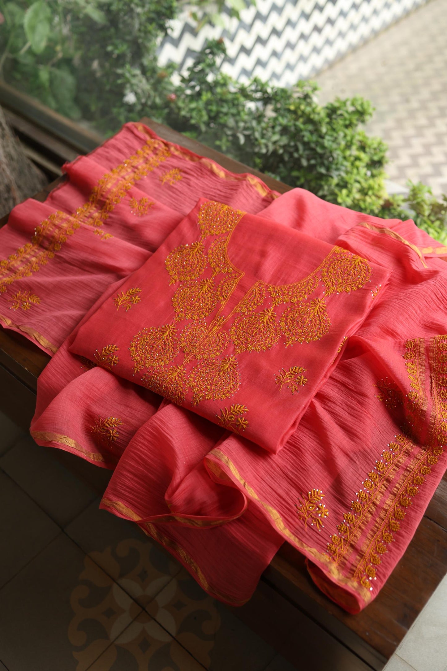 Hot Pink & Mustard Shade Mal Cotton Chikankari Unstitched Kurta Dupatta Fabric With Kamdani