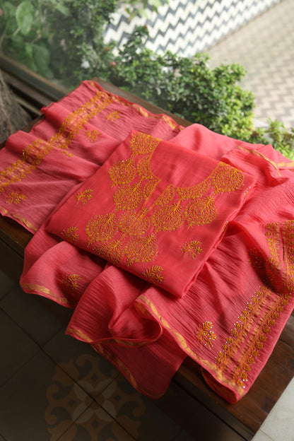 Hot Pink & Mustard Shade Mal Cotton Chikankari Unstitched Kurta Dupatta Fabric With Kamdani