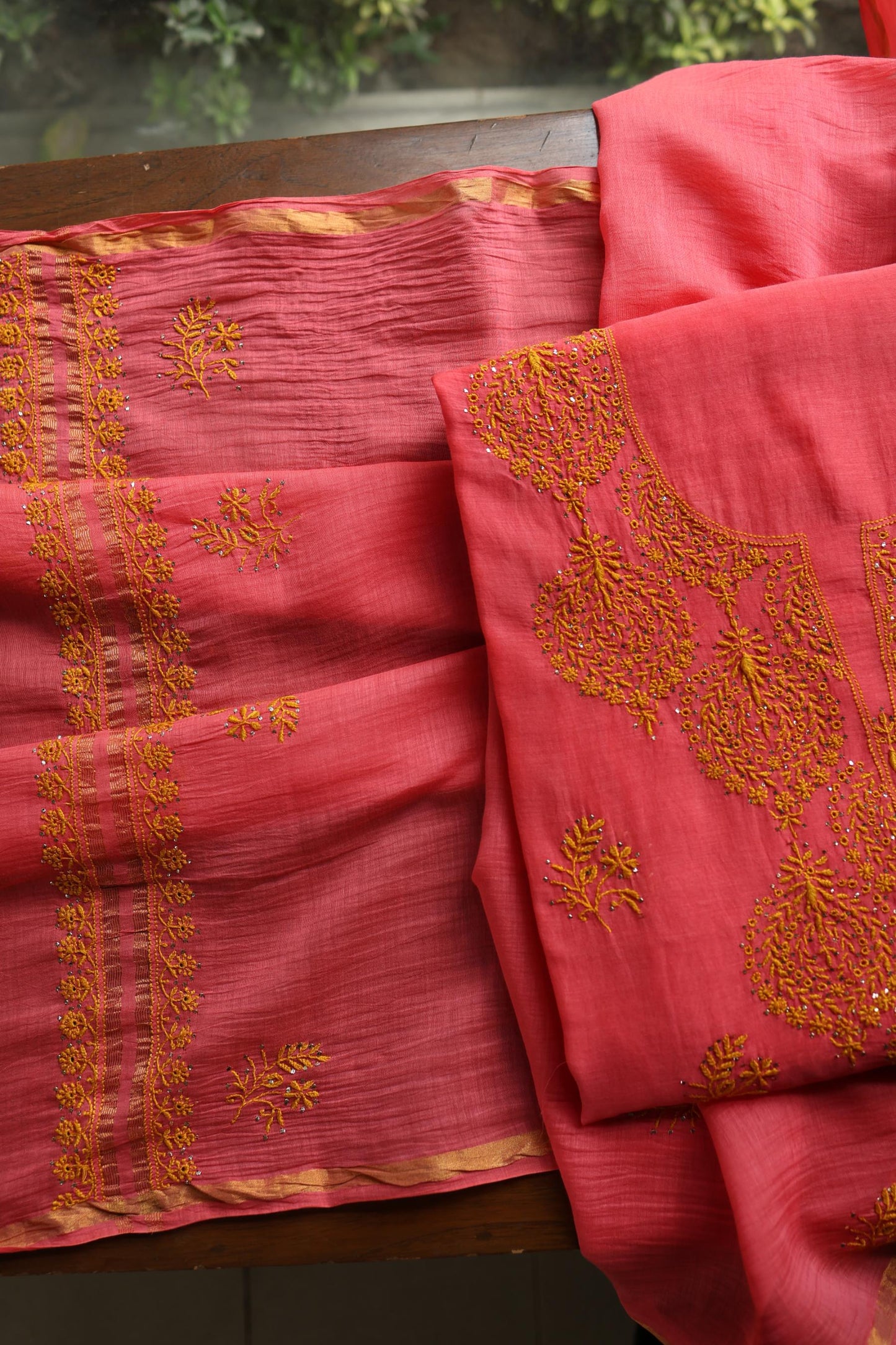 Hot Pink & Mustard Shade Mal Cotton Chikankari Unstitched Kurta Dupatta Fabric With Kamdani