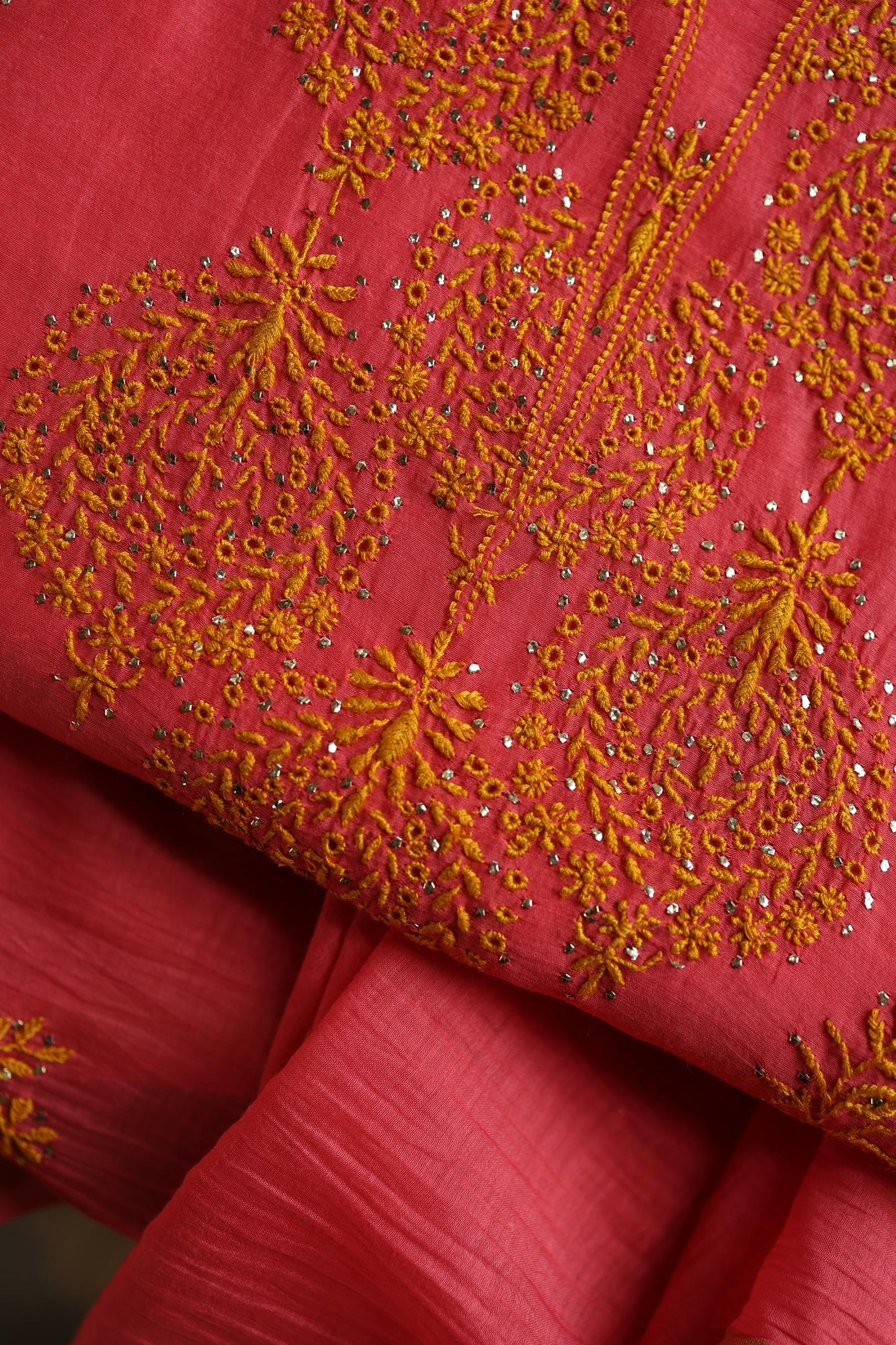 Hot Pink & Mustard Shade Mal Cotton Chikankari Unstitched Kurta Dupatta Fabric With Kamdani