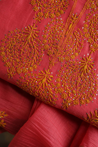 Hot Pink & Mustard Shade Mal Cotton Chikankari Unstitched Kurta Dupatta Fabric With Kamdani