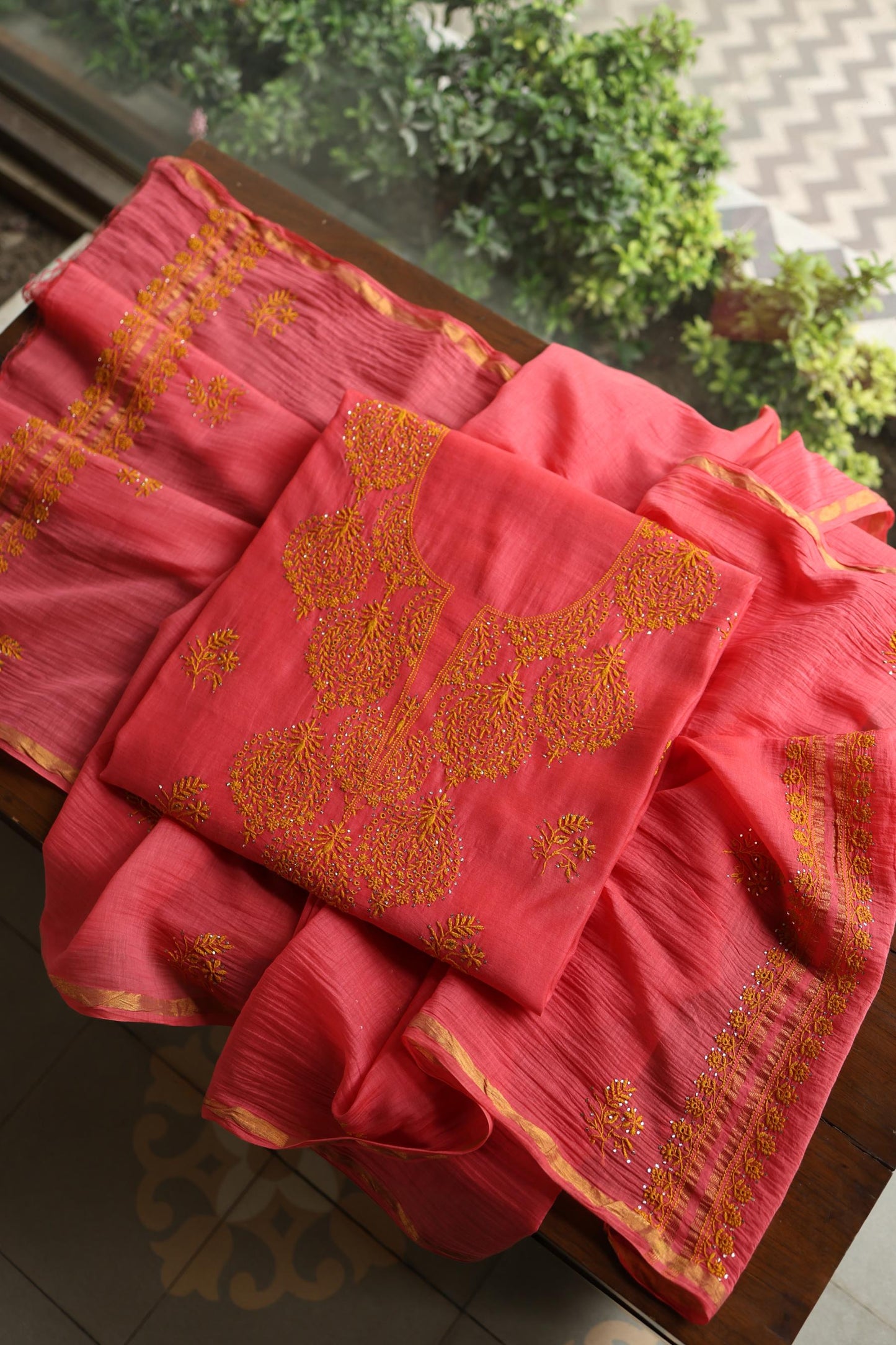 Hot Pink & Mustard Shade Mal Cotton Chikankari Unstitched Kurta Dupatta Fabric With Kamdani