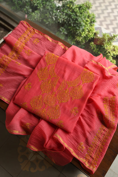 Hot Pink & Mustard Shade Mal Cotton Chikankari Unstitched Kurta Dupatta Fabric With Kamdani