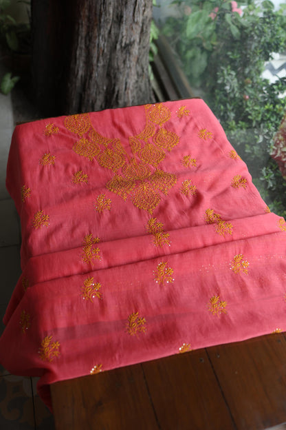 Hot Pink & Mustard Shade Mal Cotton Chikankari Unstitched Kurta Dupatta Fabric With Kamdani