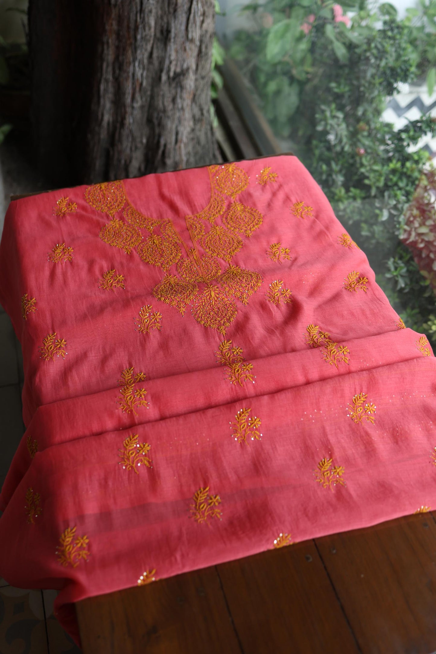 Hot Pink & Mustard Shade Mal Cotton Chikankari Unstitched Kurta Dupatta Fabric With Kamdani