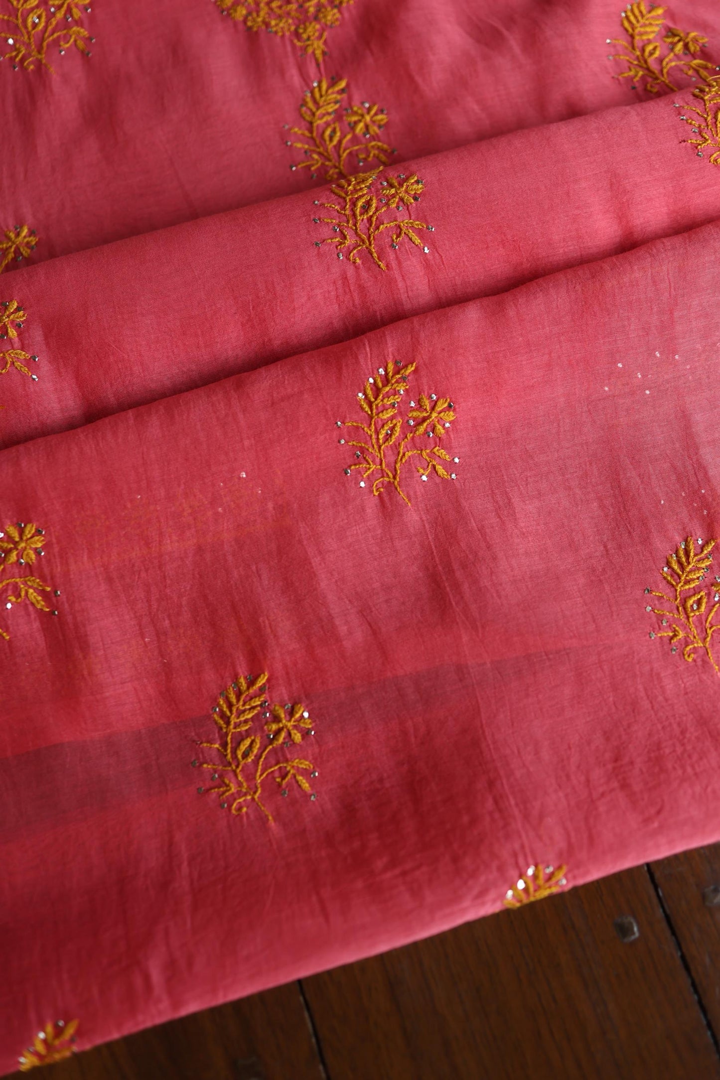 Hot Pink & Mustard Shade Mal Cotton Chikankari Unstitched Kurta Dupatta Fabric With Kamdani