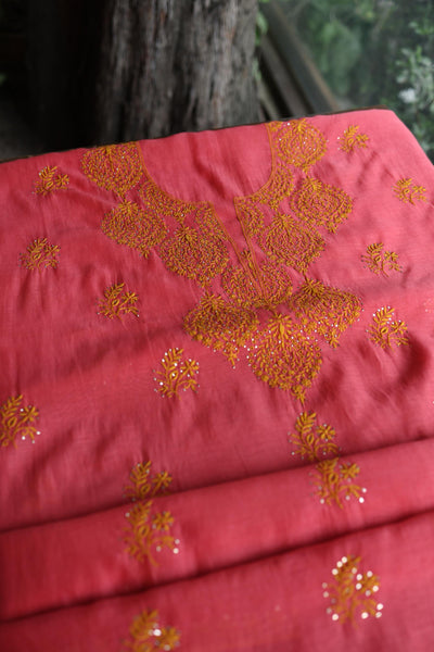 Hot Pink & Mustard Shade Mal Cotton Chikankari Unstitched Kurta Dupatta Fabric With Kamdani