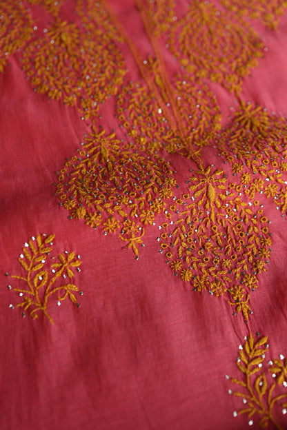 Hot Pink & Mustard Shade Mal Cotton Chikankari Unstitched Kurta Dupatta Fabric With Kamdani