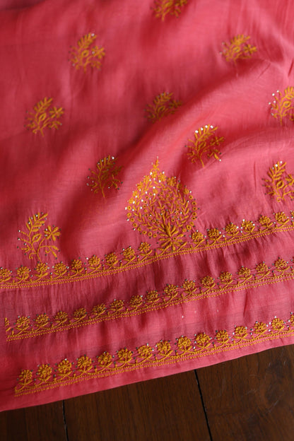 Hot Pink & Mustard Shade Mal Cotton Chikankari Unstitched Kurta Dupatta Fabric With Kamdani