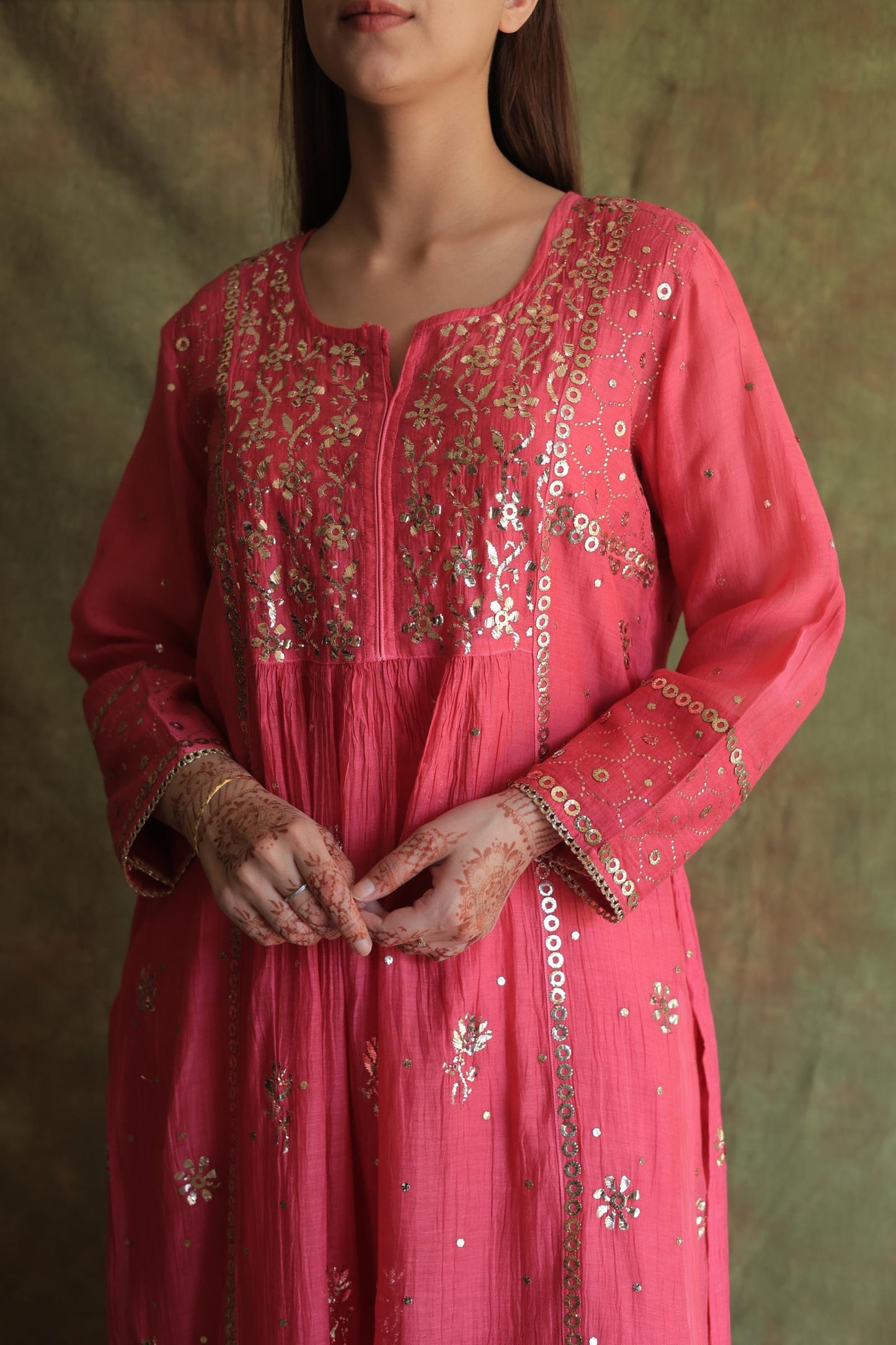 Hot Pink Mukaish Mul Chanderi Silk Ready To Wear Dress